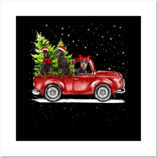 Christmas Three Doberman Dogs Ride Red Truck Costumer Xmas Posters and Art